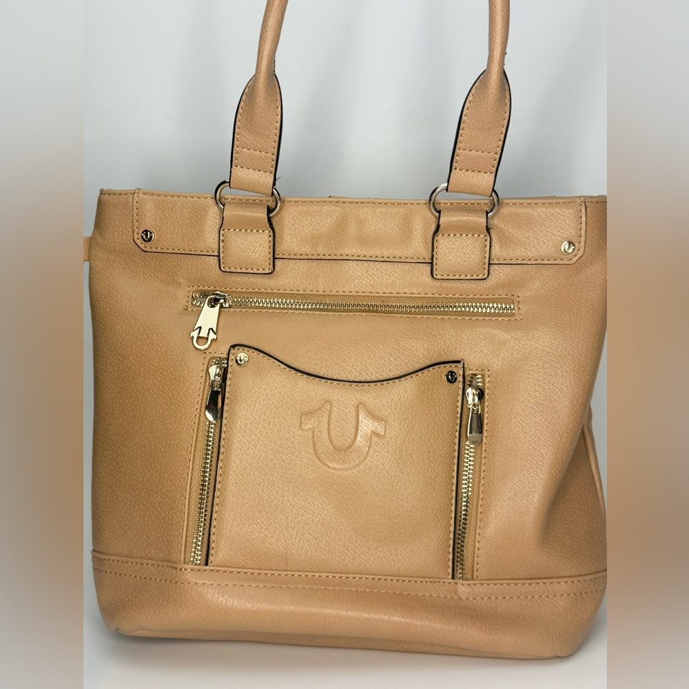 True Religion Tan Tote Satchel Handbag Horseshoe Logo Zip Pockets